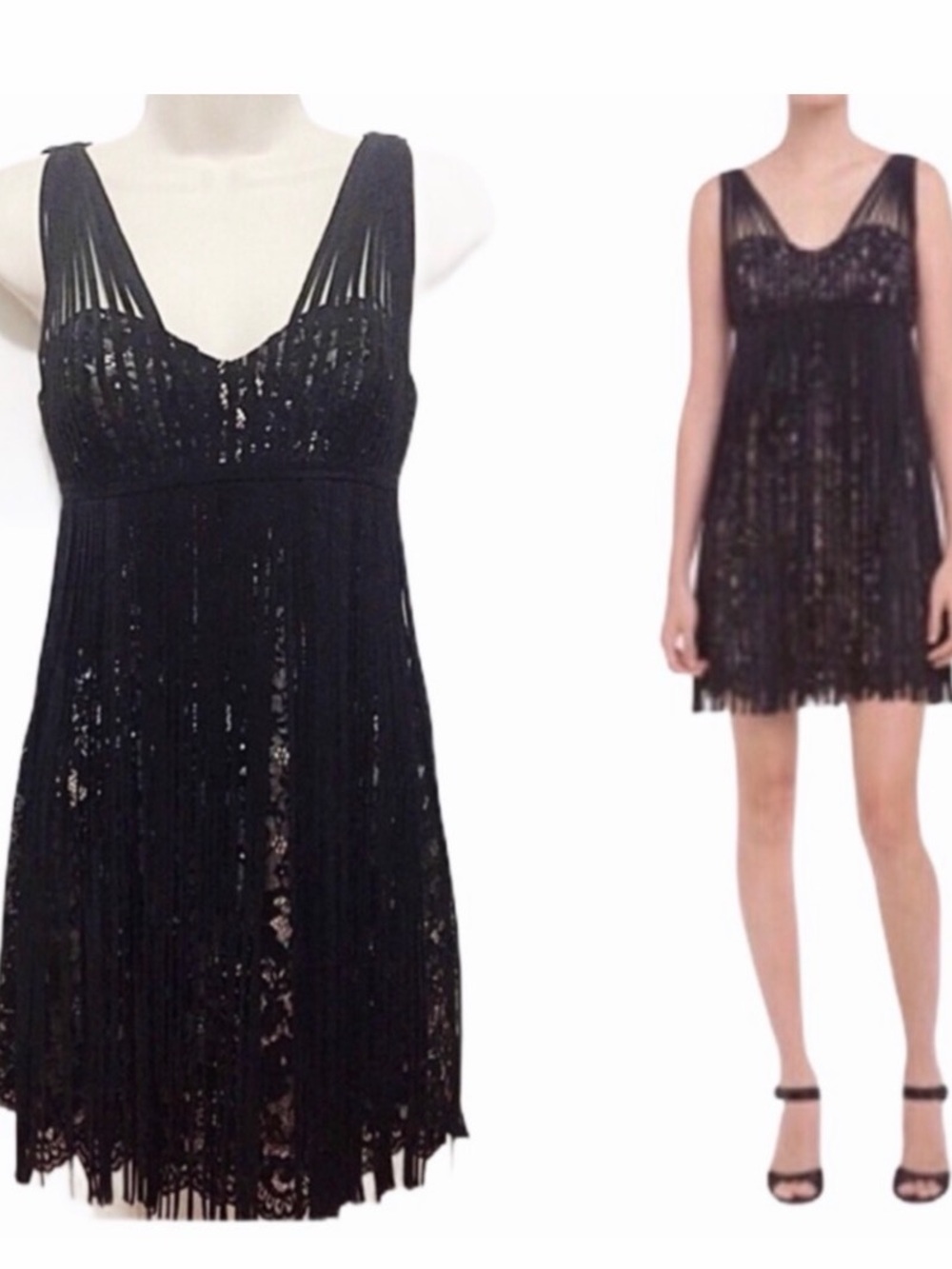 BCBGMaxAzria Black Fringe Lace Mini Dress, OP, EUC